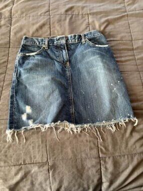 .Crew Medium Wash Distressed Cut Off Denim Jean Skirt with Paint Splatter